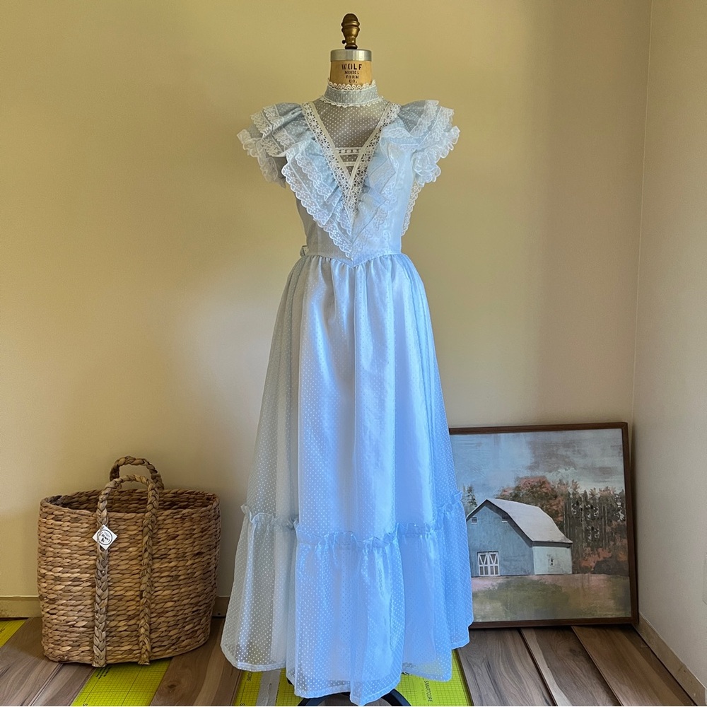 Vintage 80s Ruffle Lace Country Gown Light Blue Swiss Dot Bridal Dress